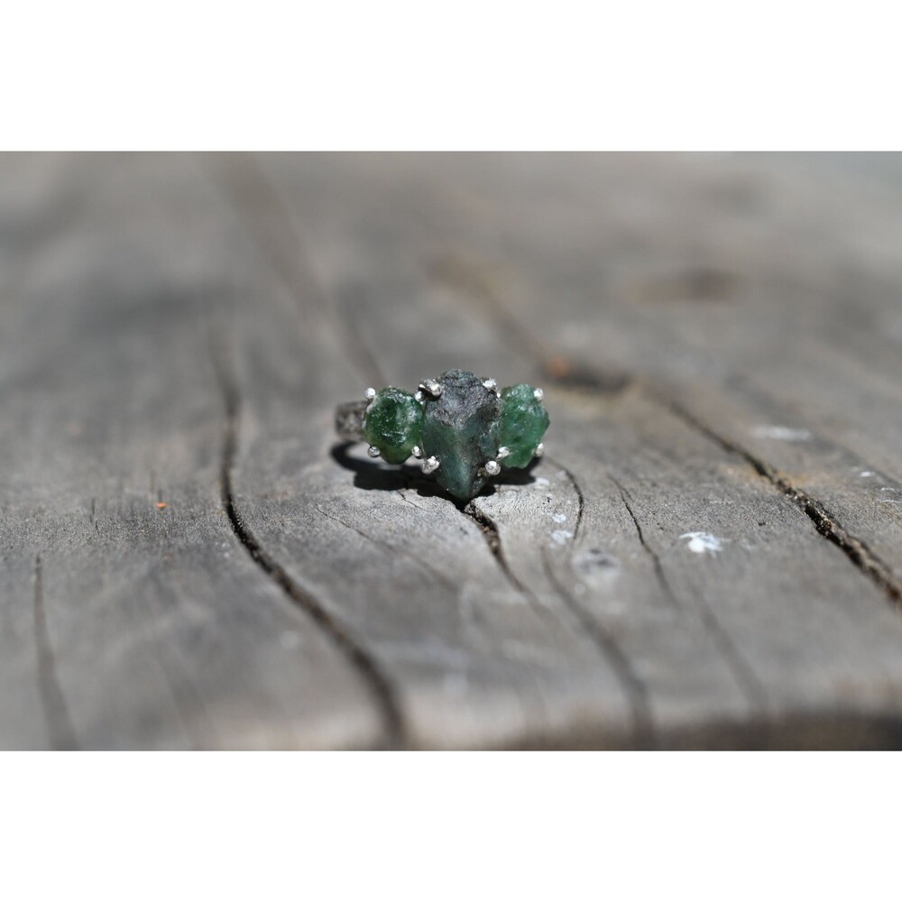 Real Emerald Rings, Genuine Uncut Emerald Jewelry, Raw Diamond Ring, Natural Gem
